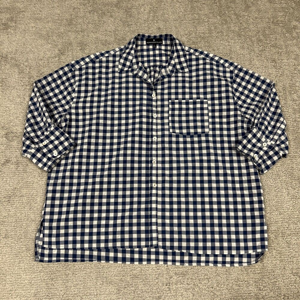 Pomander Place Tuckernuck Top Womens Large Blue White Gingham Oversized Shirt